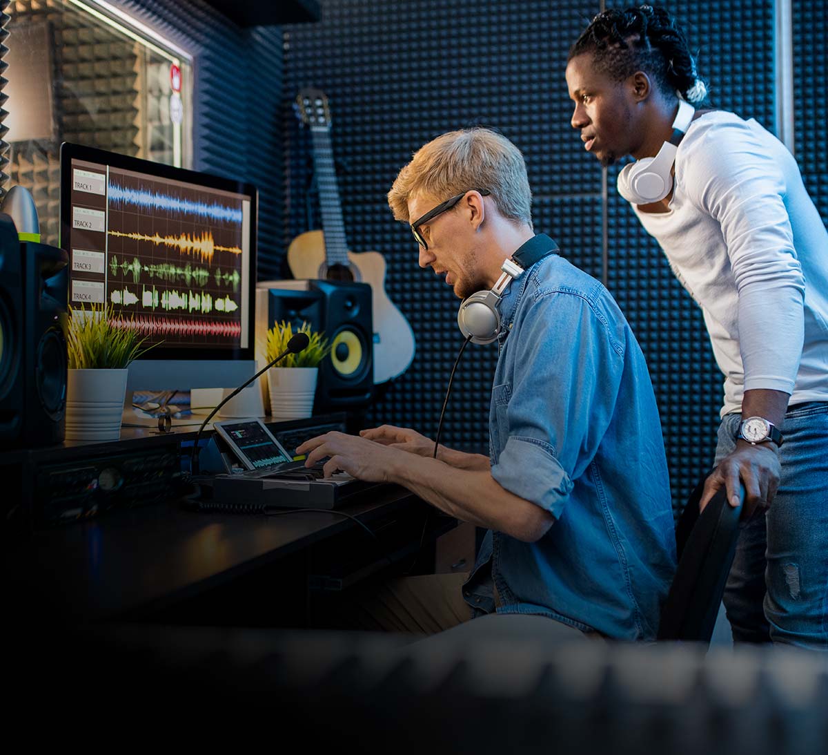 Music production studio with TASCAM recording equipment